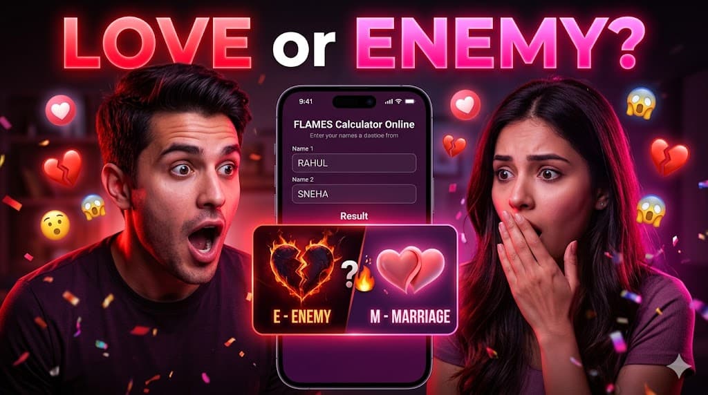 Free FLAMES Calculator Online 2026 – Love, Marriage, Enemy &amp; Friendship Result Tool